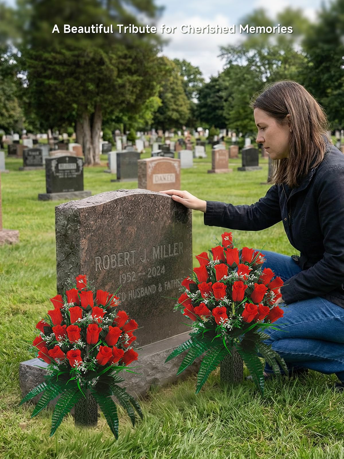 Generic artificial outdoor cemetery flowers resist sun and rain without fading.