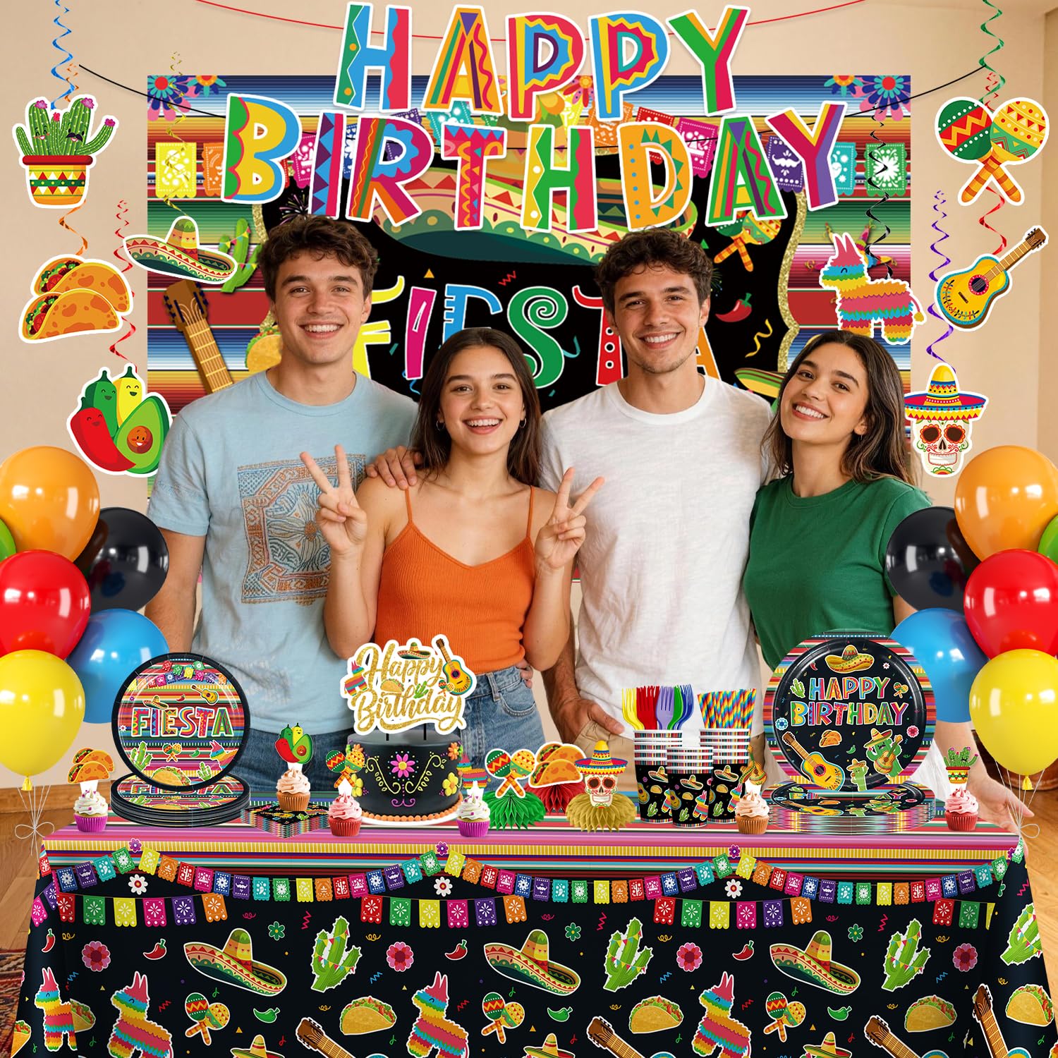 Generic balloons, cake toppers, and centerpieces enhance fiesta charm.
