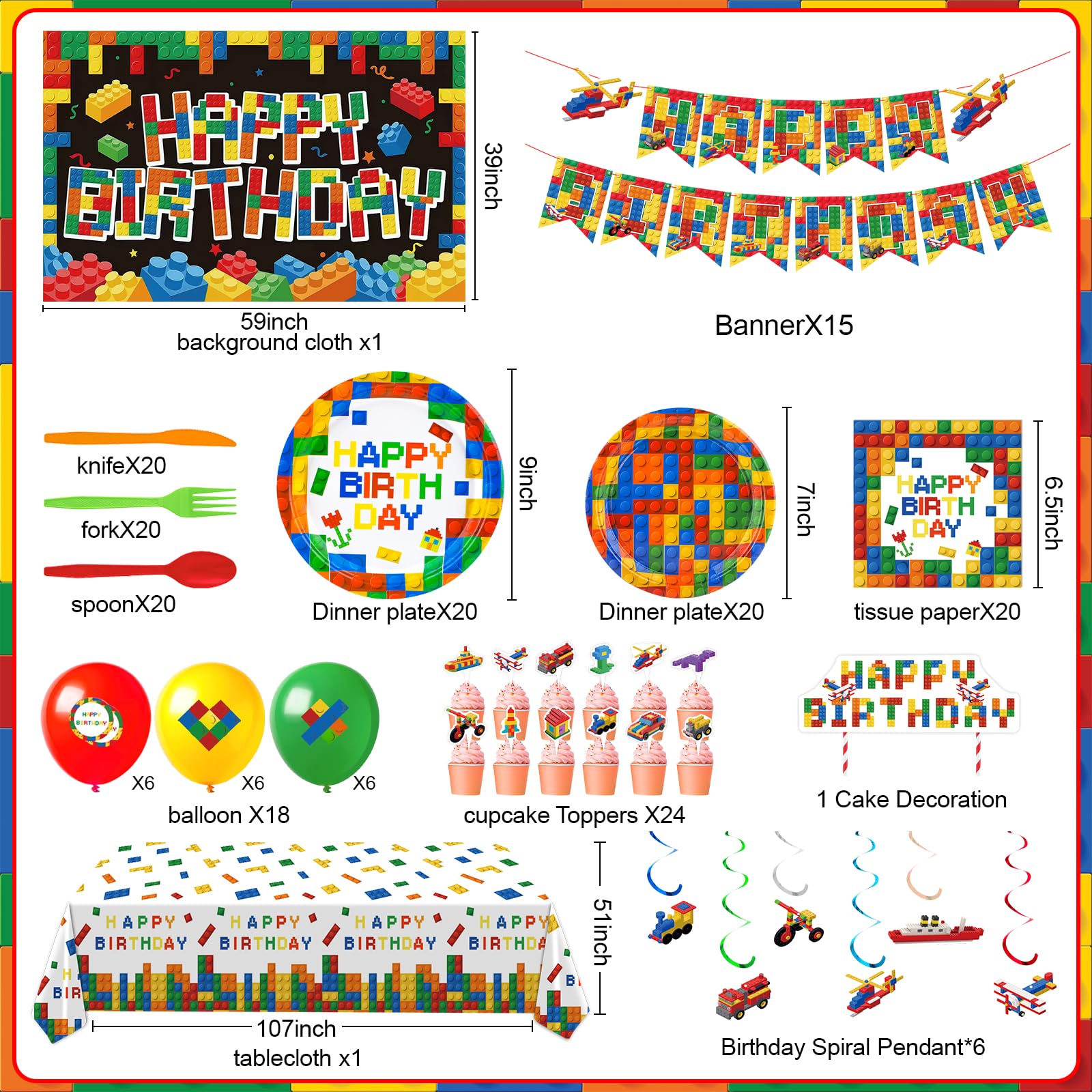 Generic Building Blocks tablecloth provides a spill-friendly, easy-clean surface for celebrations