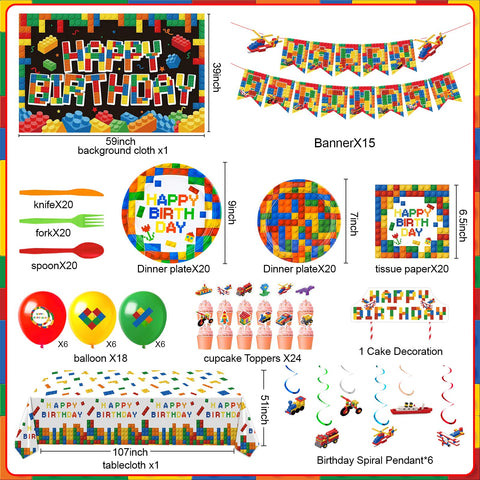 Generic Building Blocks tablecloth provides a spill-friendly, easy-clean surface for celebrations