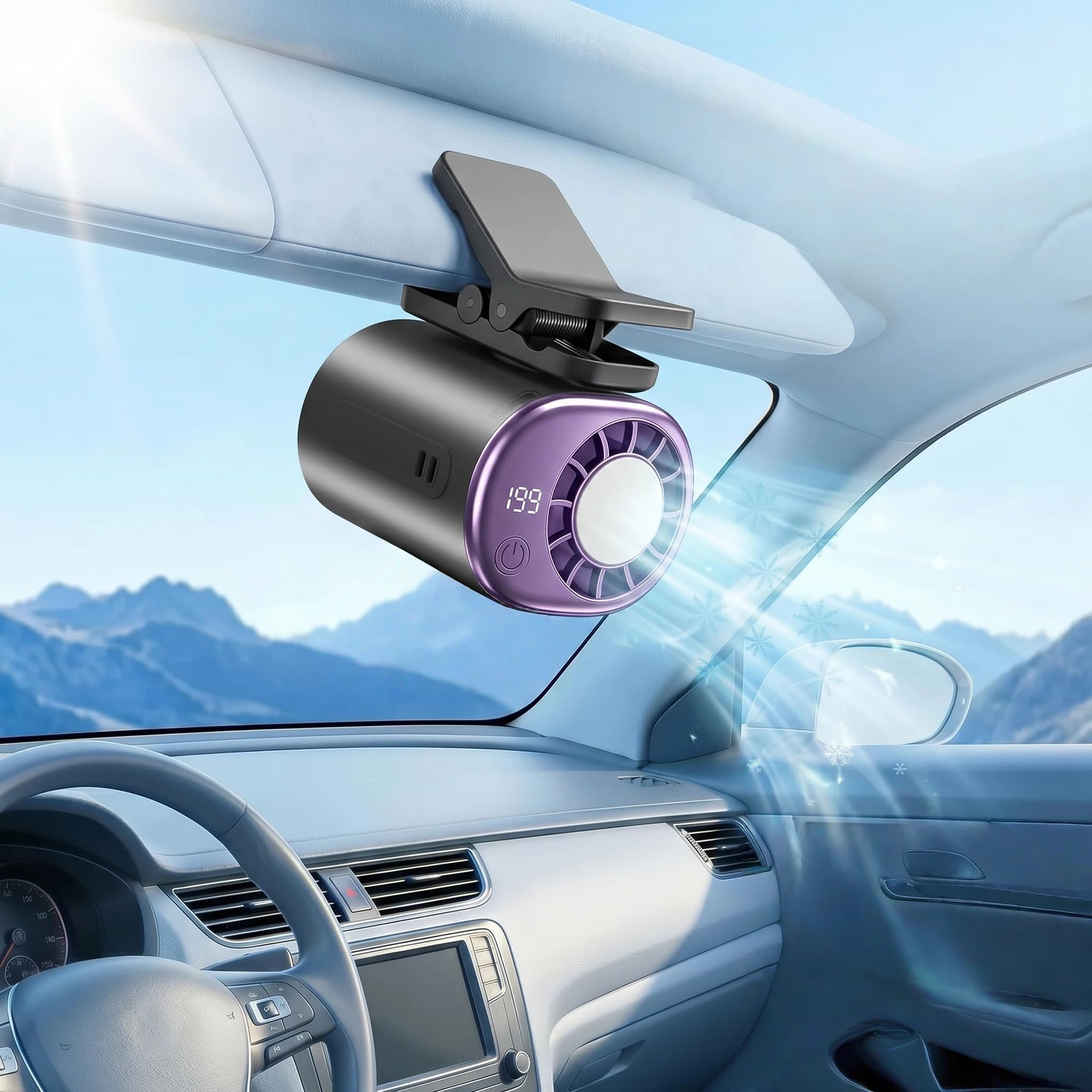 Generic car clip-on fan with LED display offers precise speed control.