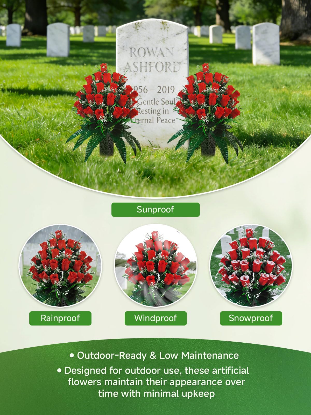 Generic cemetery flowers with spiked vases show wind-proof grave decor.
