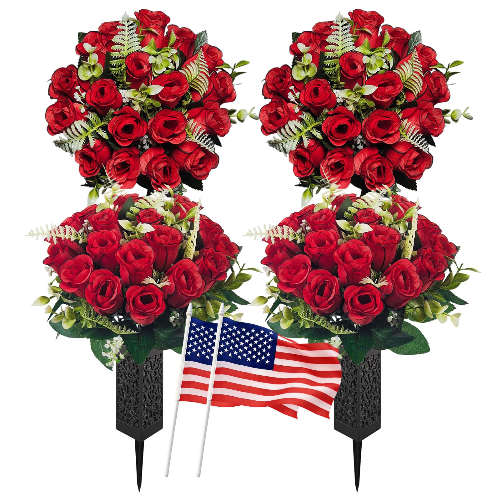Generic cemetery flowers with spiked vases ready for outdoor graves