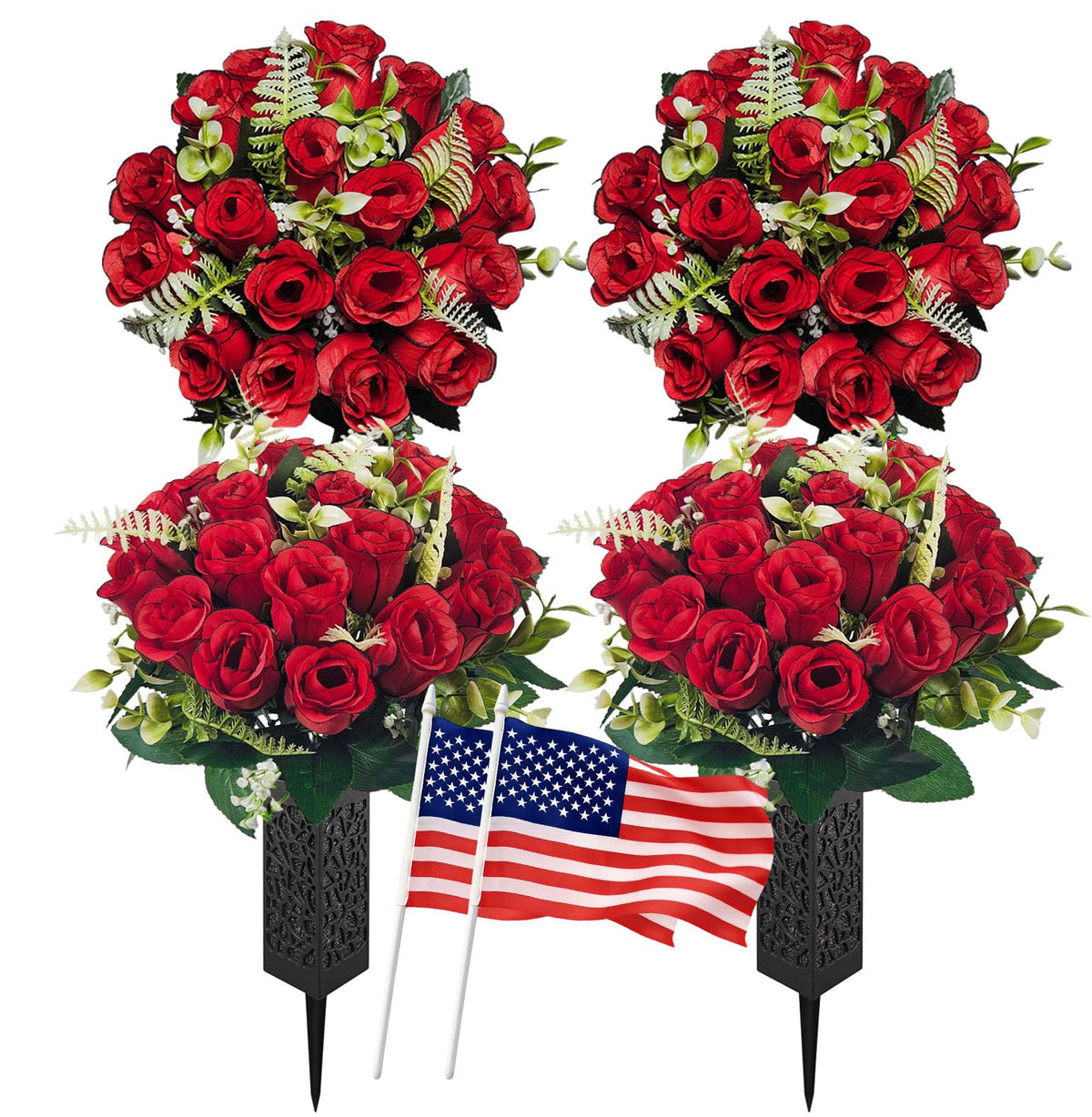 Generic cemetery flowers with spiked vases ready for outdoor graves