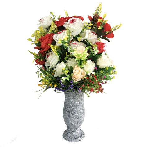 Generic cemetery vase made of durable resin withstands weather and wind.