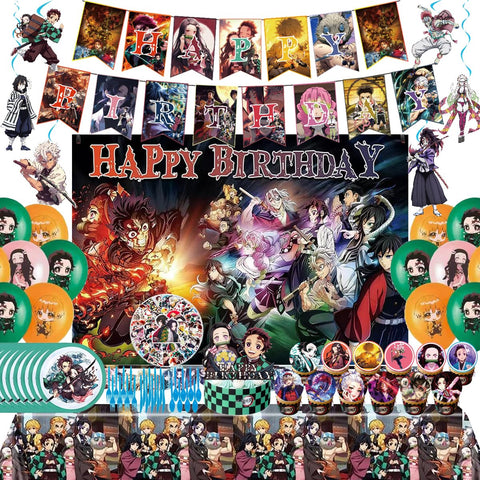 Generic demon-themed party banner enhances the birthday theme and photo moments.