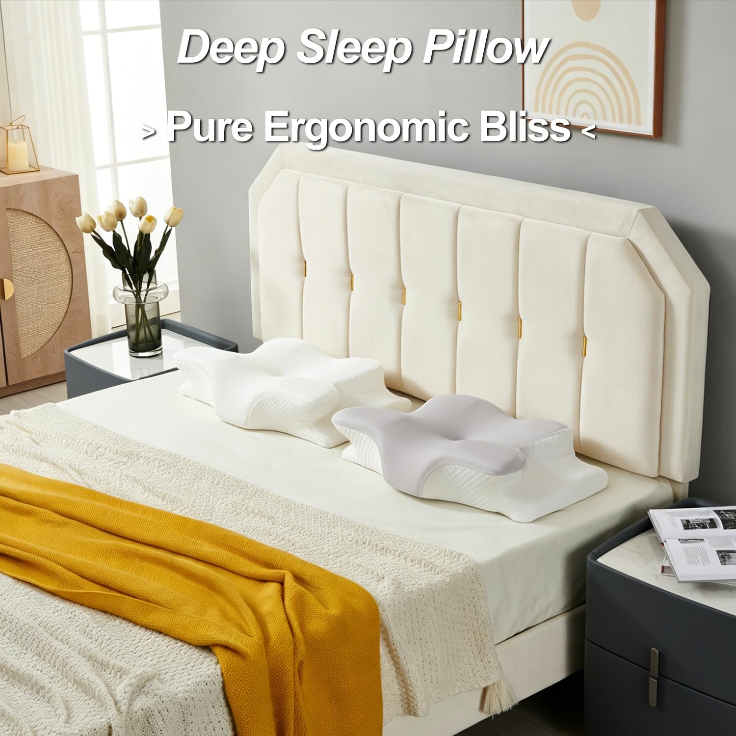 Close-up of Generic Ergo Cervical Neck Pillow memory foam molding to head.