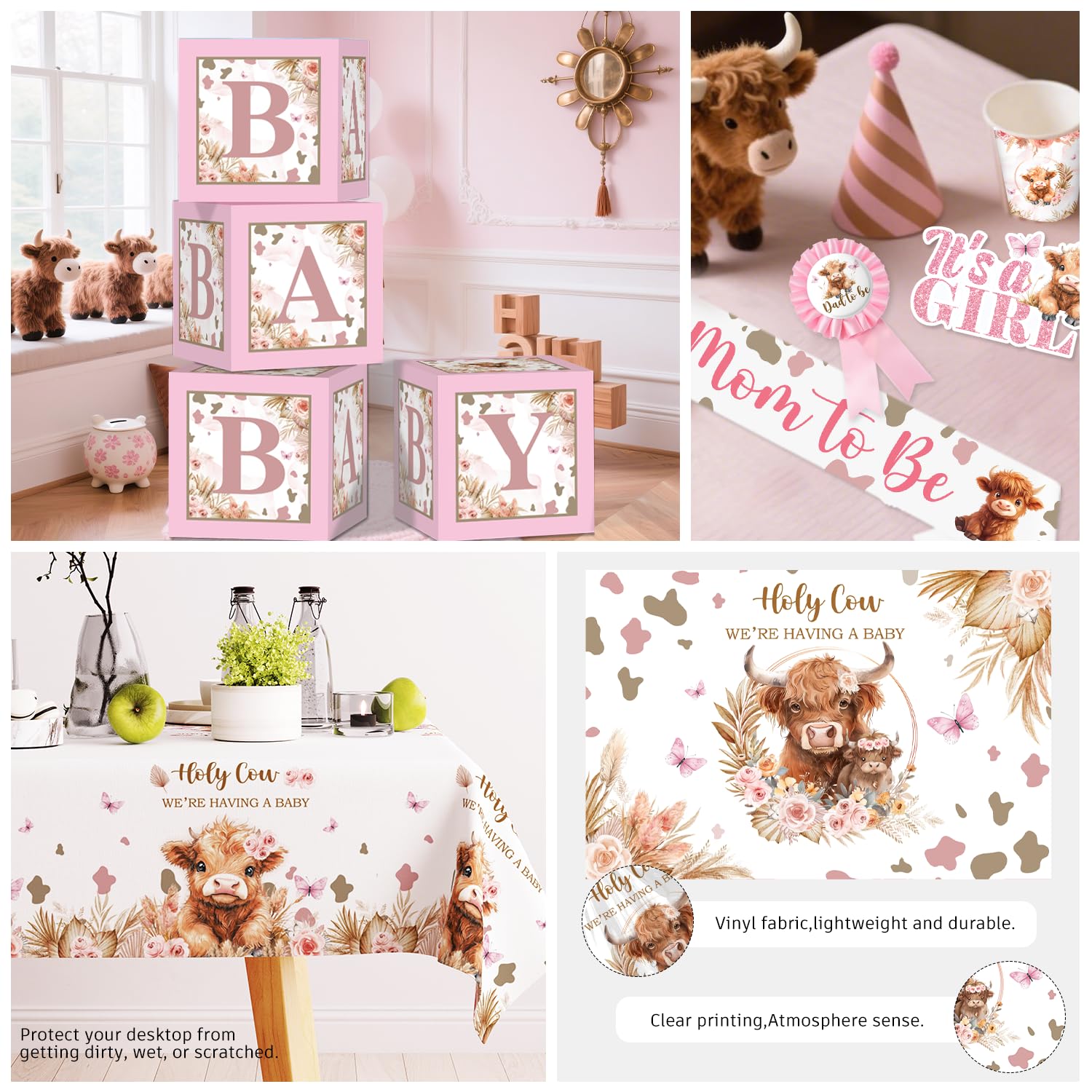 Generic Highland Cow It's a Girl cake topper marks the gender reveal.