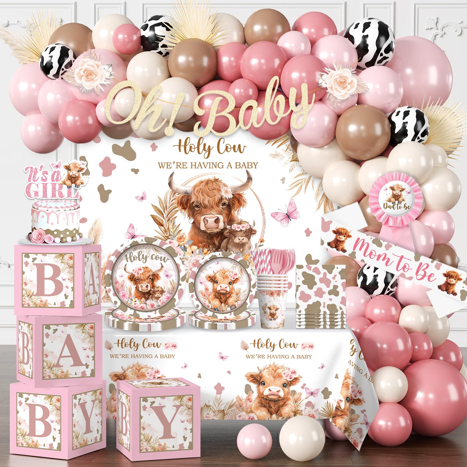 Generic Highland Cow Oh Baby banner enhances pink baby shower decor.