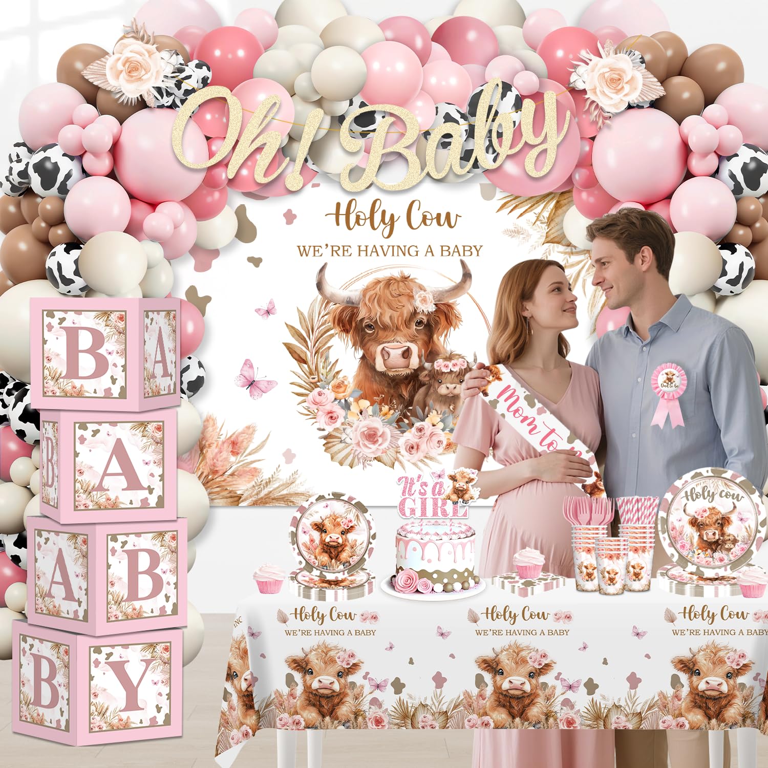 Generic Highland Cow tablecloths and balloons finish the party look.