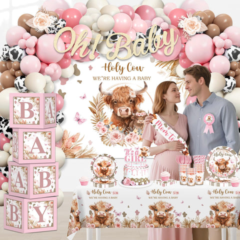 Generic Highland Cow tablecloths and balloons finish the party look.