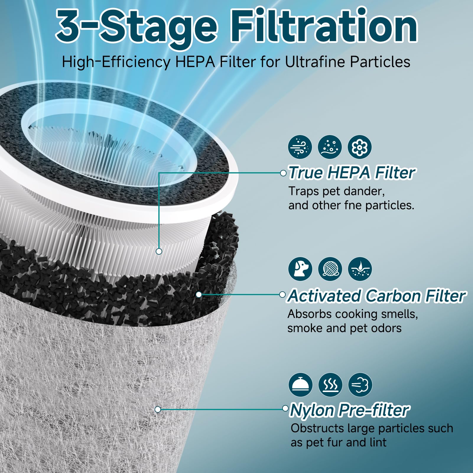 Generic HP202 activated carbon layer absorbs cooking smells and pet odors for a fresher room.