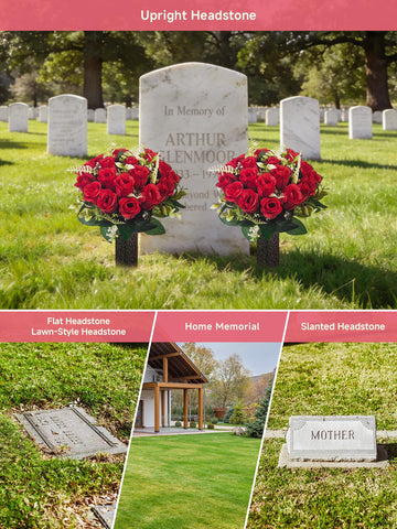 Generic memorial flag accent enhances grave tribute with roses
