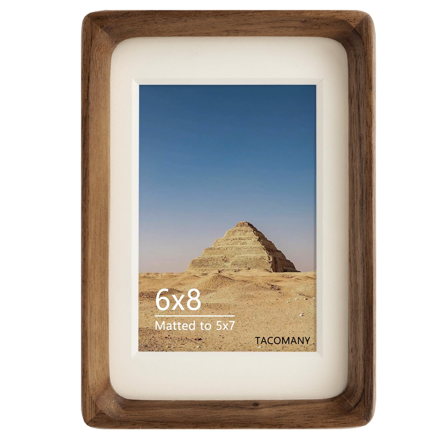 Generic natural wood photo frame in walnut for tabletop display.