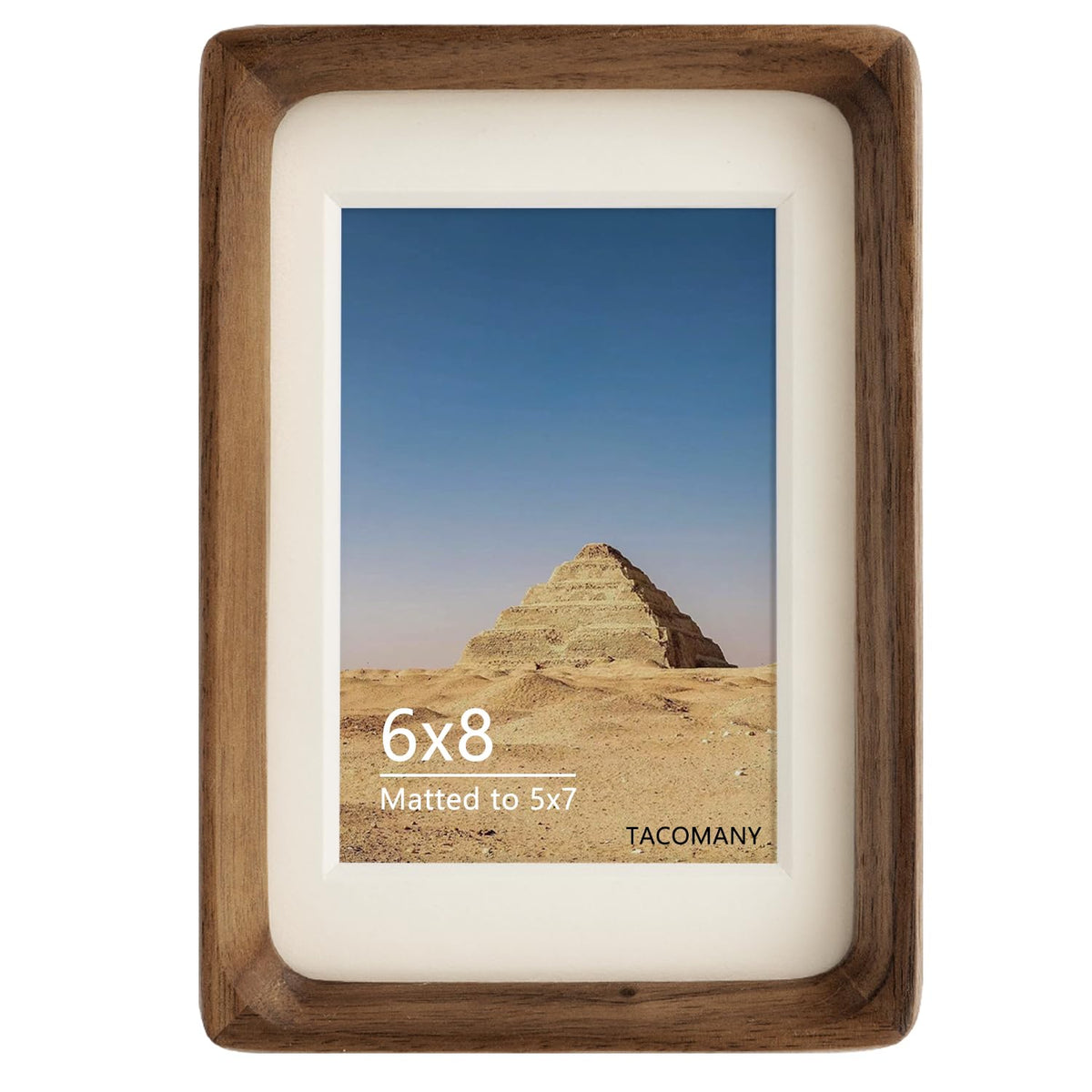 Generic natural wood photo frame in walnut for tabletop display.
