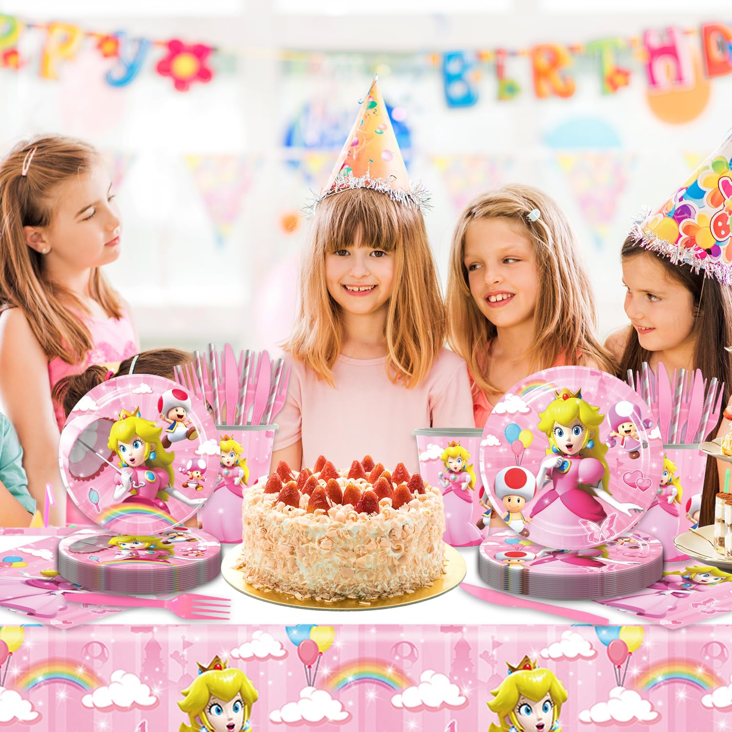 Generic Princess Peach plastic tablecloth protecting surfaces and tying the theme together