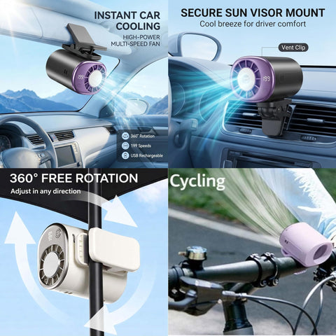 Generic quiet, compact auto cooling fan reduces cabin heat without distraction.