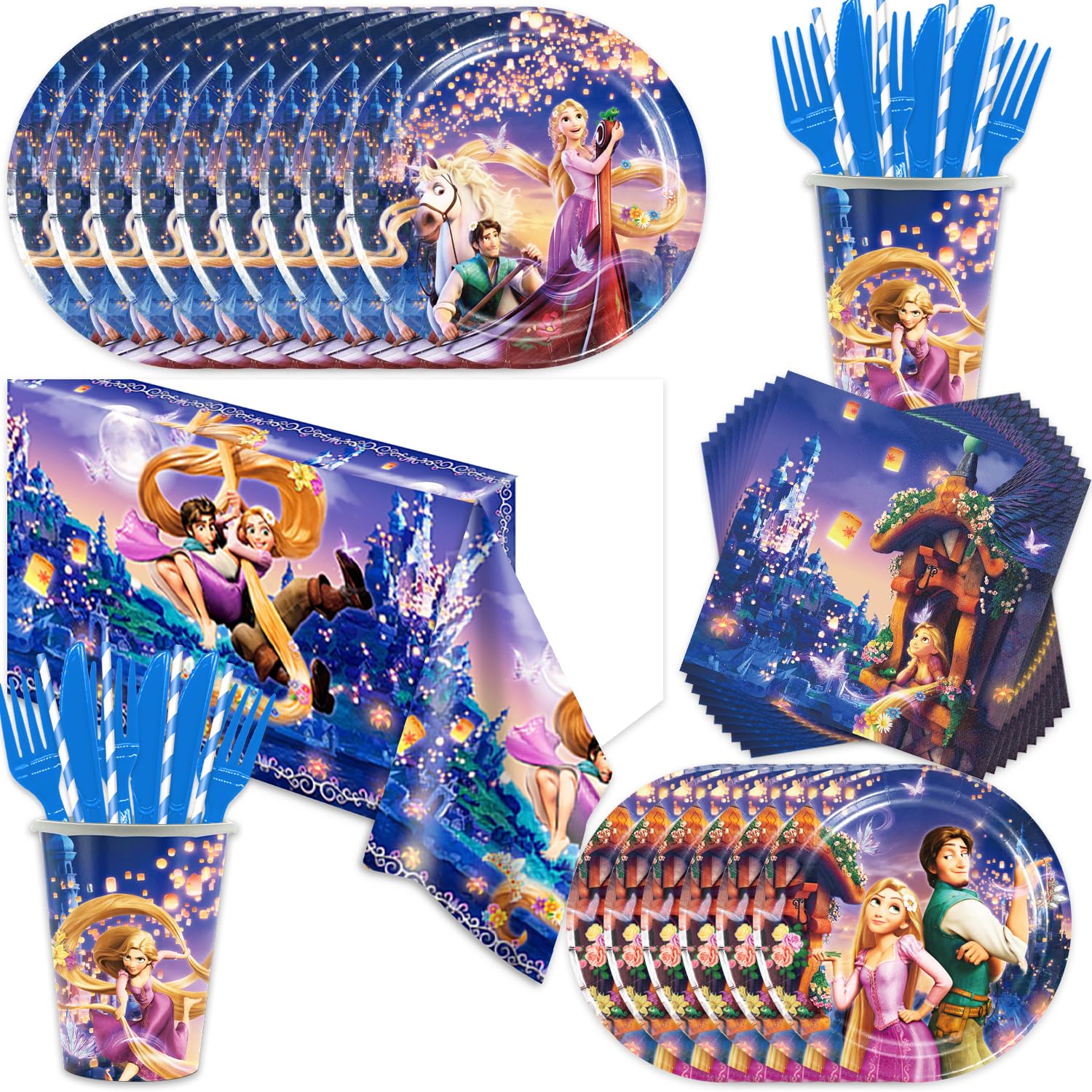 Generic Rapunzel 141pcs dinnerware set for a magical party setup.