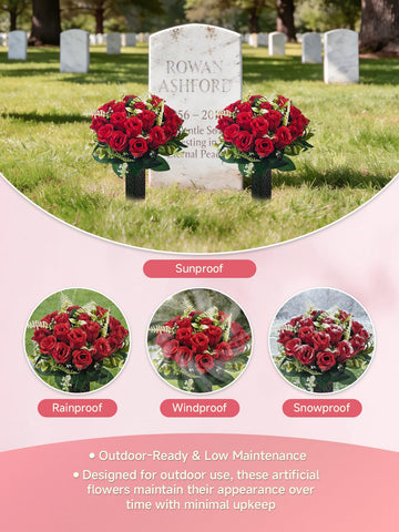 Generic red artificial roses highlight lifelike color on gravestones