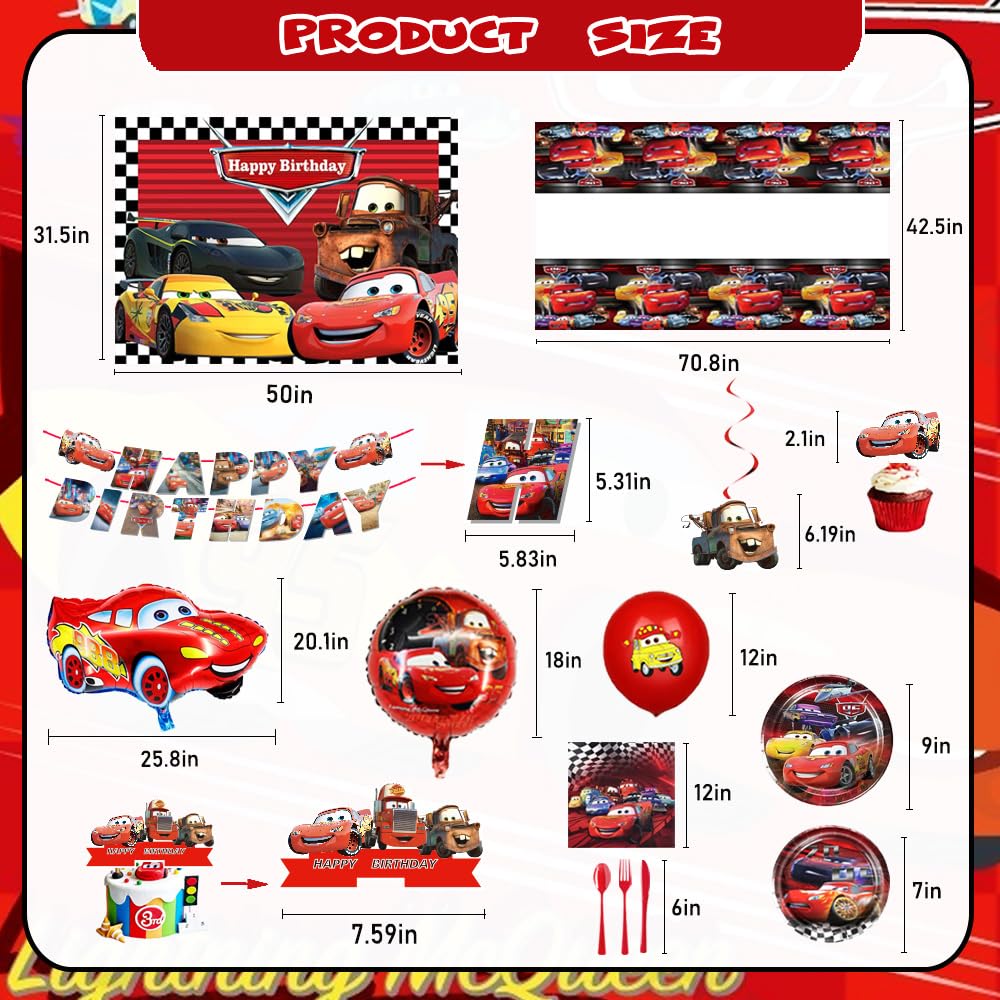 Generic Red Car dinnerware set includes plates and utensils for quick party setup.