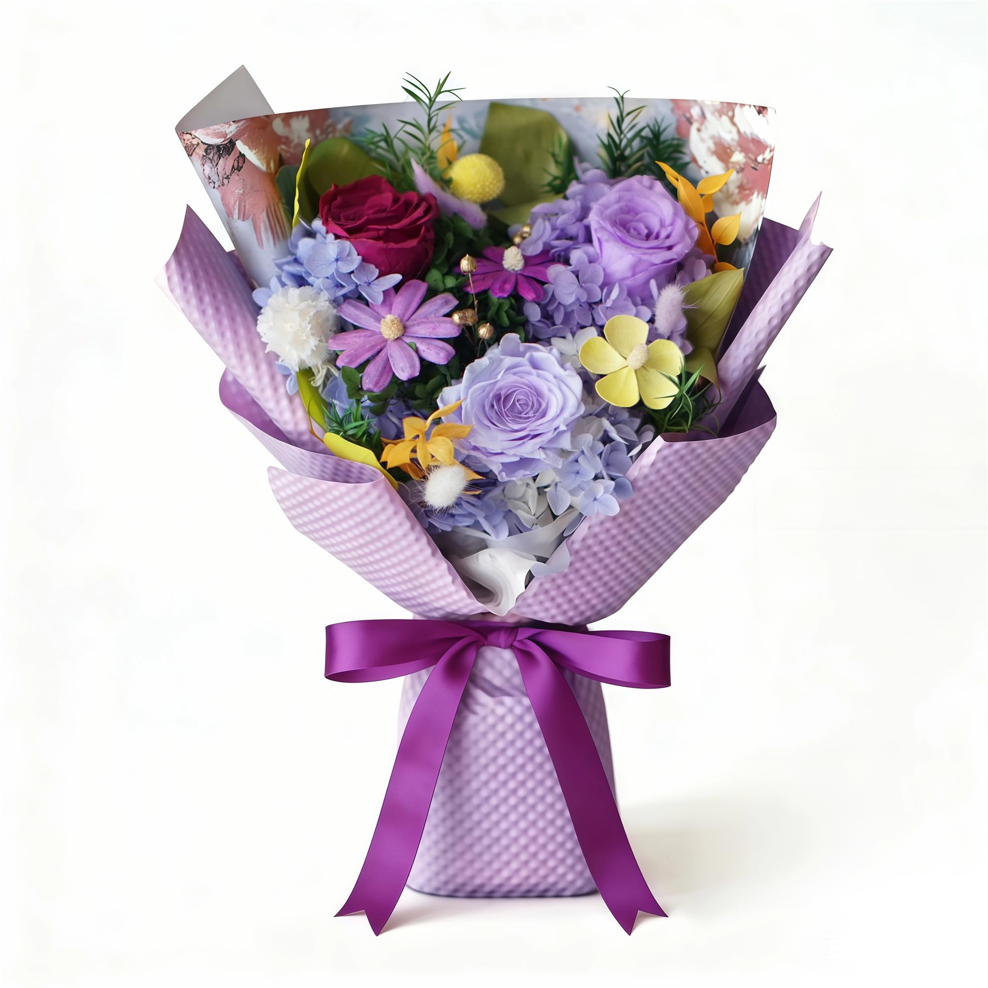 Sen Flora Forever Flowers bouquet close-up purple preserved roses showing enduring beauty