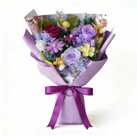 Sen Flora Forever Flowers bouquet close-up purple preserved roses showing enduring beauty