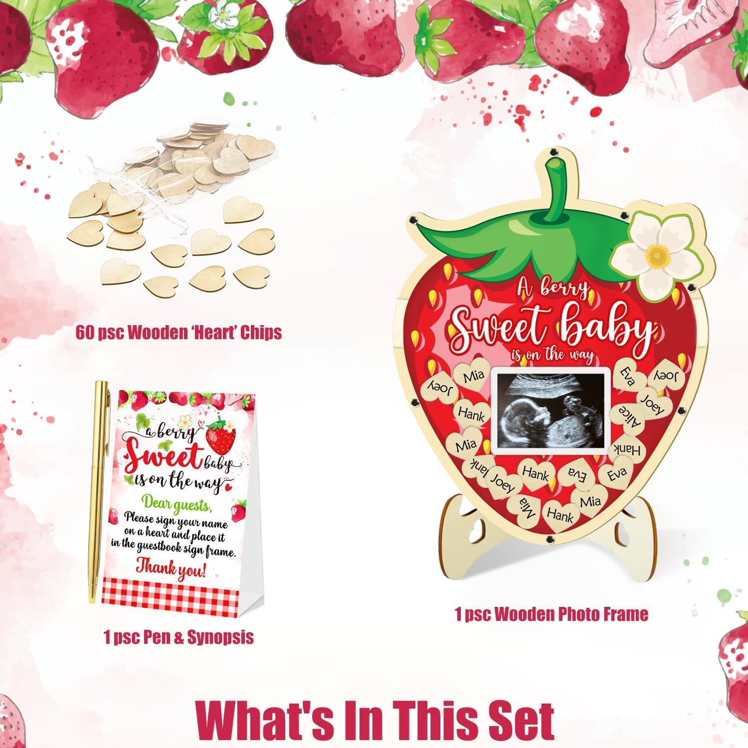 Generic strawberry baby shower display stands for memory wall setup