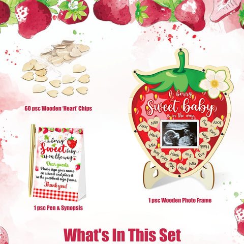 Generic strawberry baby shower display stands for memory wall setup