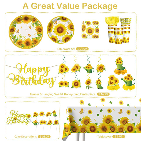 Generic Sunflower tablecloth with lively prints enhances the party table
