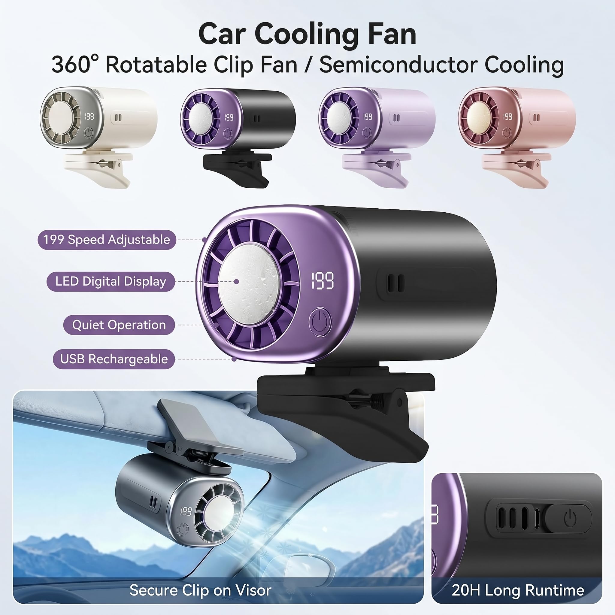 Generic USB rechargeable car fan clip delivers portable cooling for hot commutes.