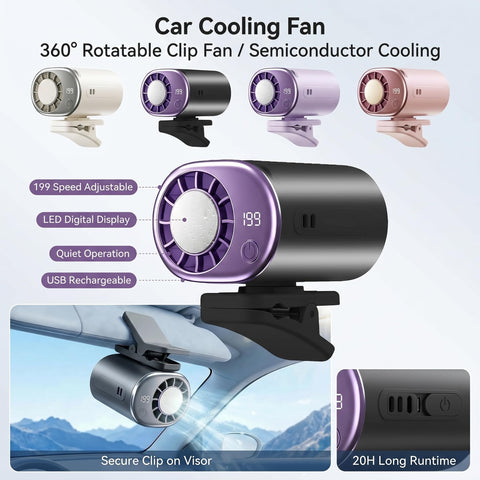 Generic USB rechargeable car fan clip delivers portable cooling for hot commutes.