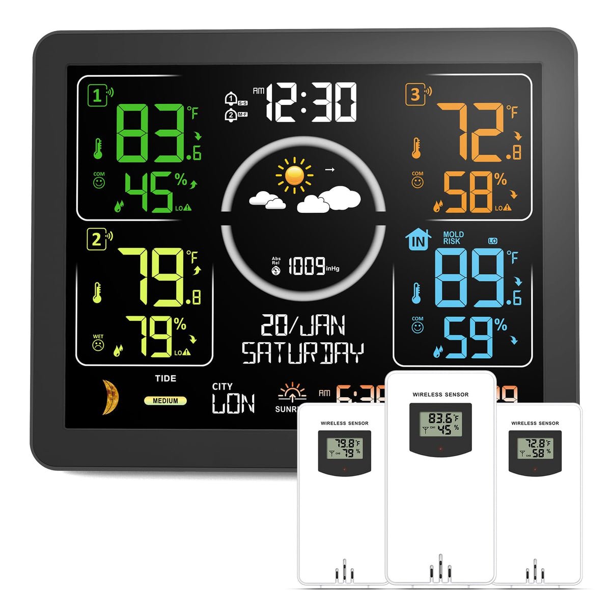 Generic Weather Station front display shows time and forecast at a glance.