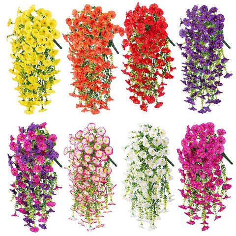 Generic 69-flower hanging arrangement keeps full bloom aesthetics in outdoor spaces.