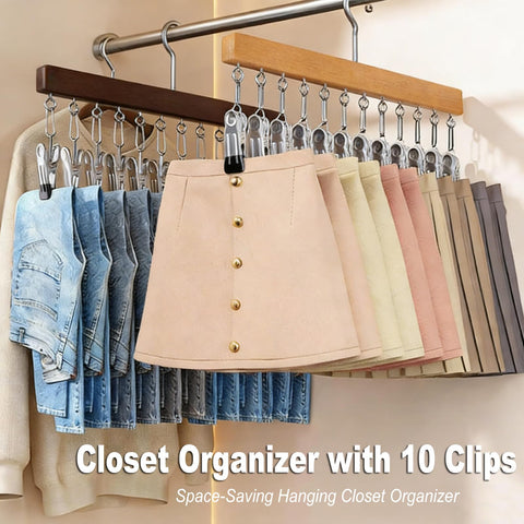 Generic wooden hangers with non-slip clips prevent slipping.