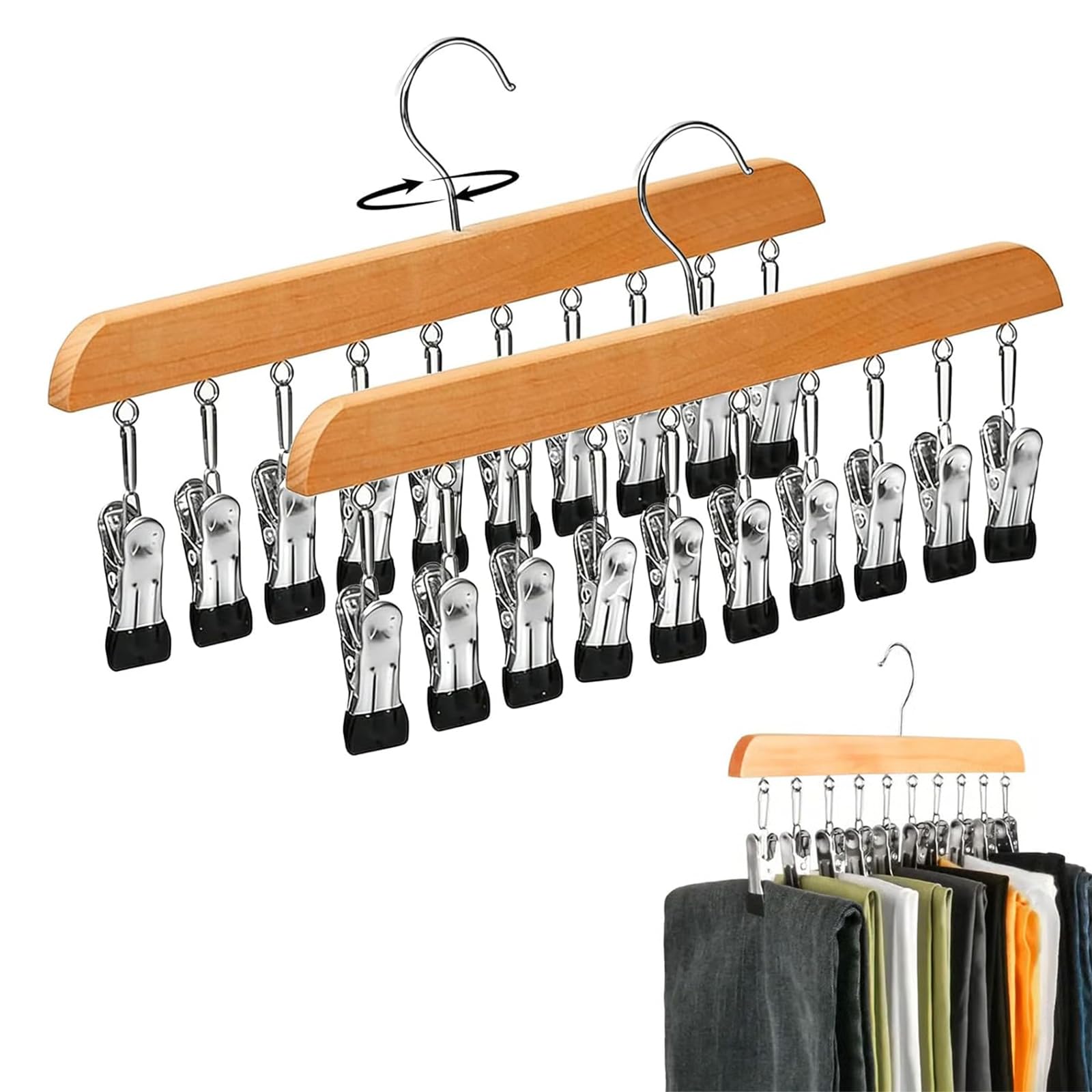 Generic wooden pants hanger with ten clips provides secure, crease-free grip.