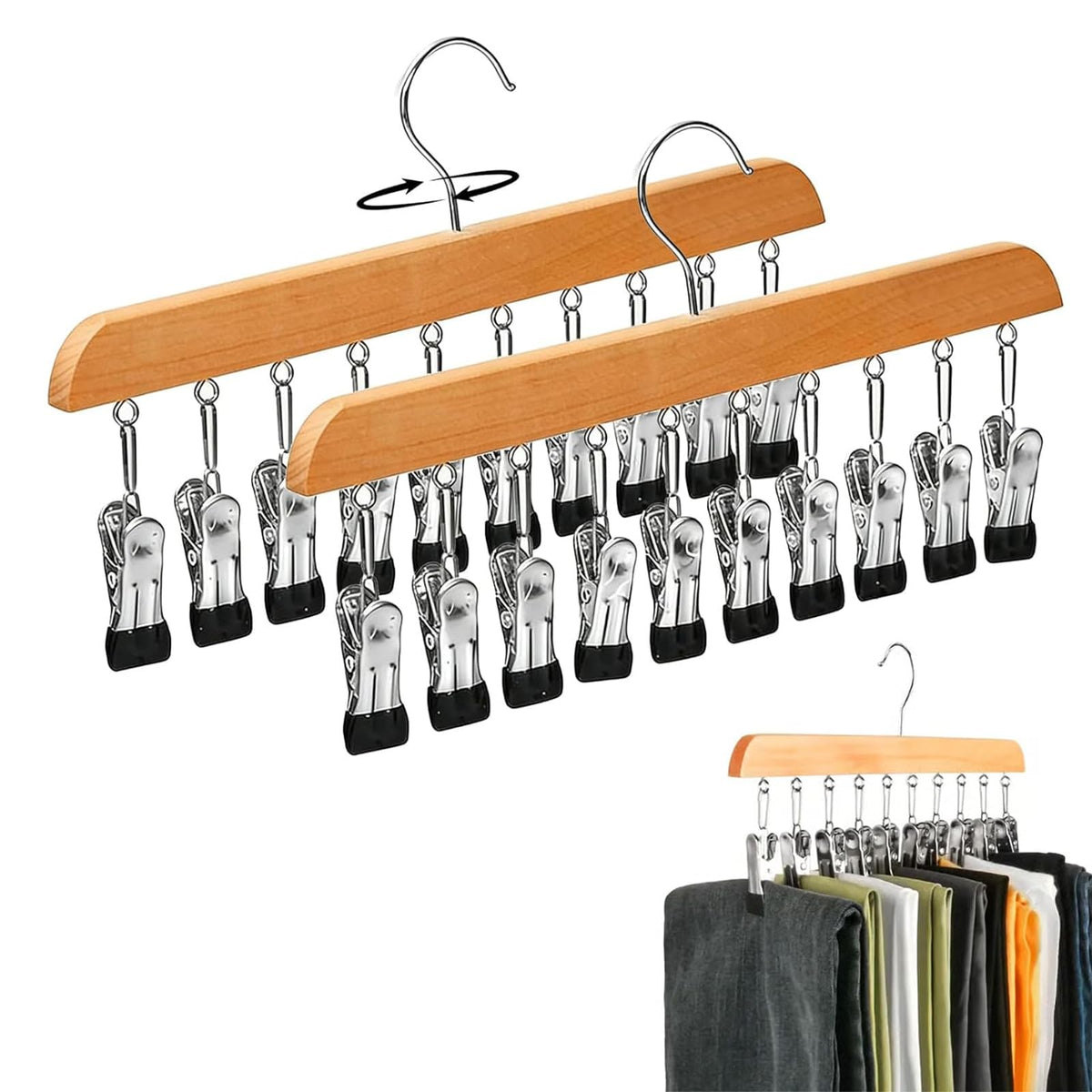 Generic wooden pants hanger with ten clips provides secure, crease-free grip.