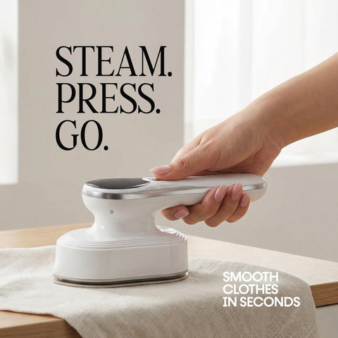Geni Goods 2-in-1 steamer iron, compact design for travel.