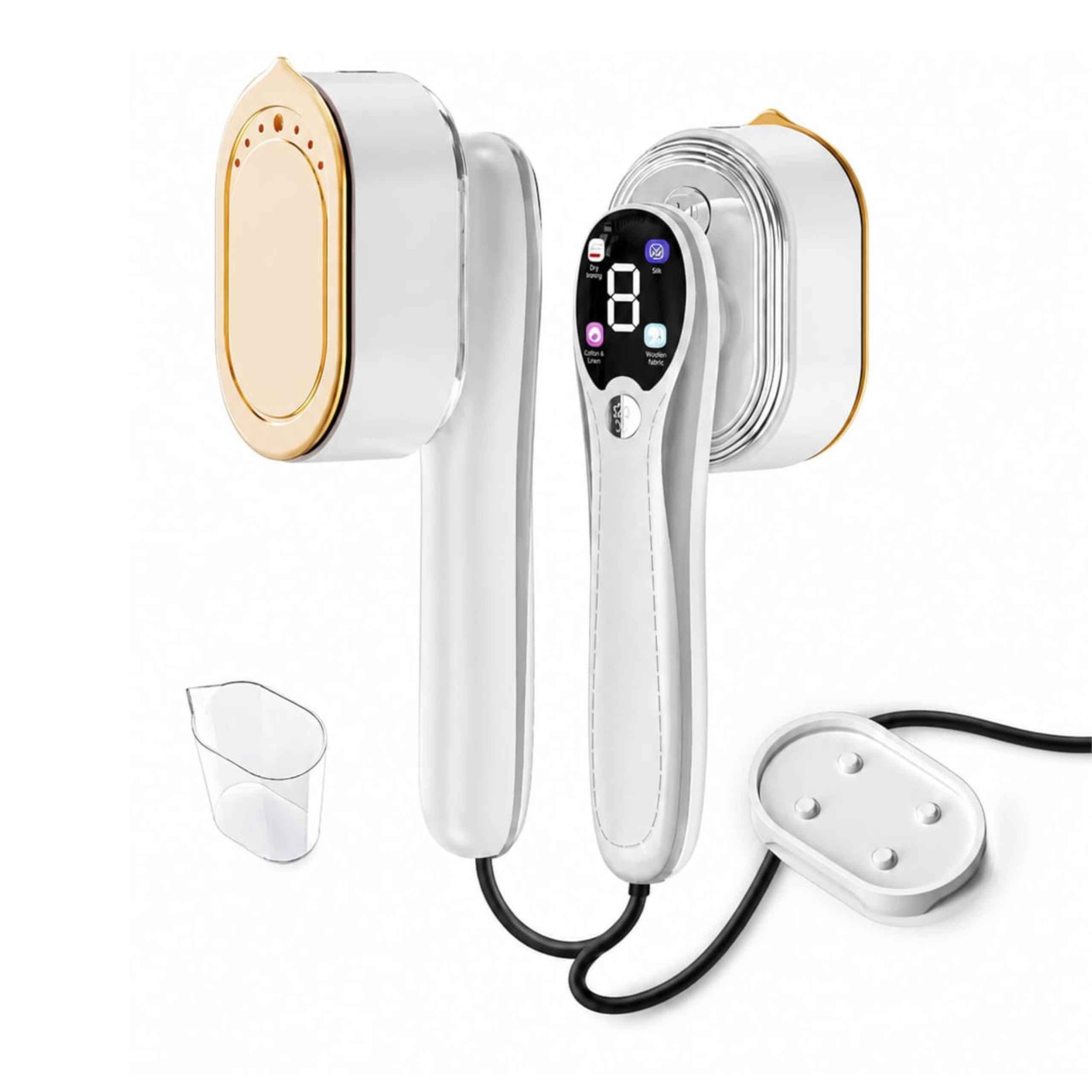 Geni Goods handheld steamer iron white, front view, enables fast wrinkle removal.