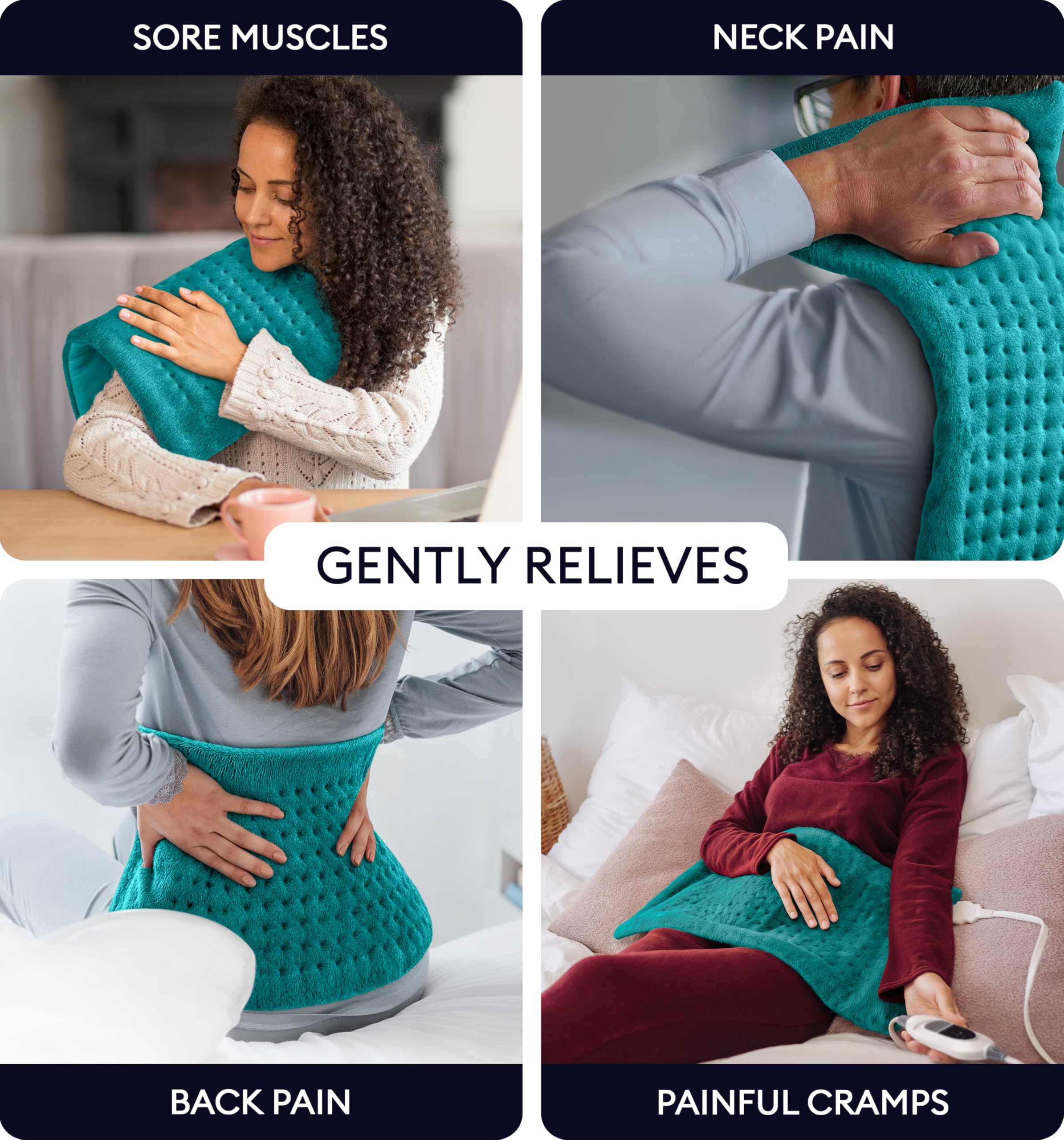 GENIANI heating pad draped over shoulders for soothing heat during long workdays.