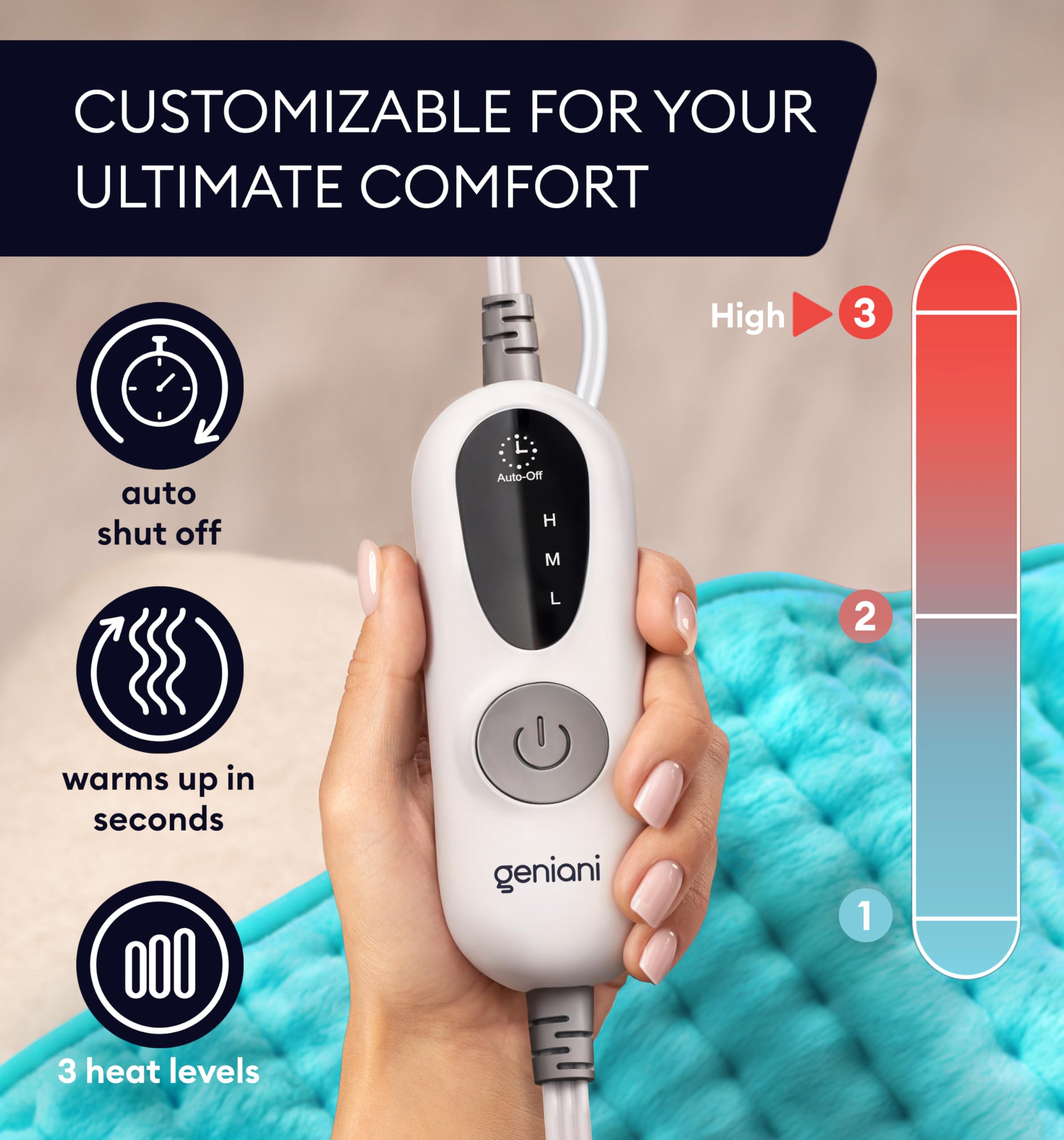 Geniani heating pad with 3 heat settings and inline remote.