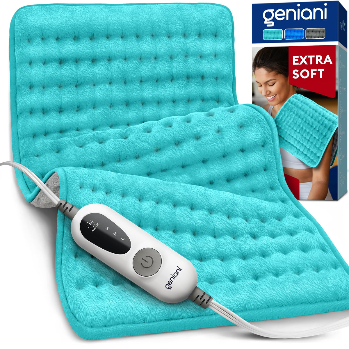 Geniani heating pad back area shown for soothing back relief on the couch.