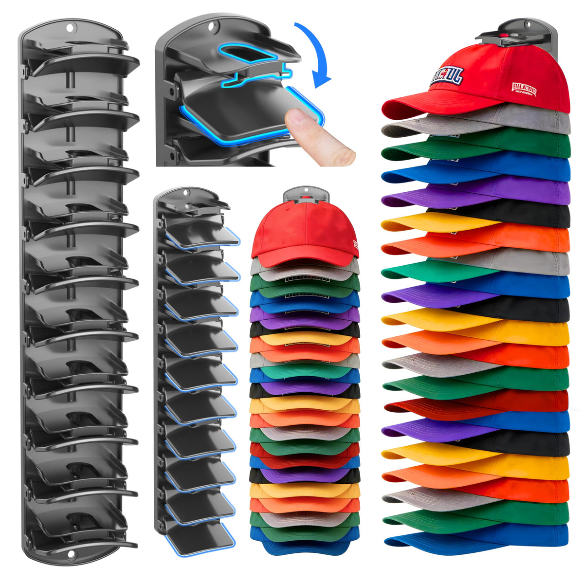 Genicuts double-capacity hat organizer clip close-up showing sturdy spring clips for easy hat placement.