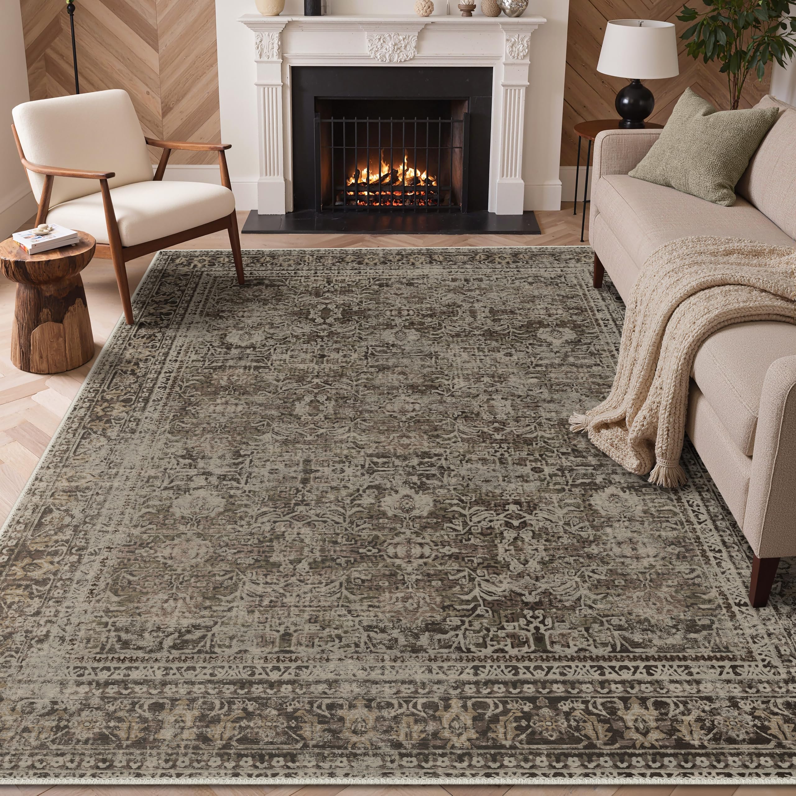 GENIMO 8x10 area rug with floral boho pattern, top view, elevates living room aesthetics.