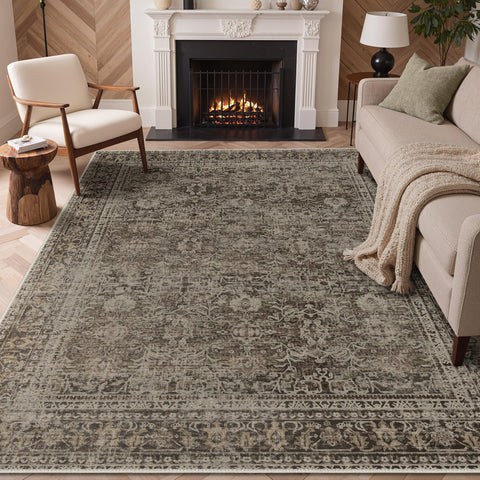 GENIMO 8x10 area rug with floral boho pattern, top view, elevates living room aesthetics.