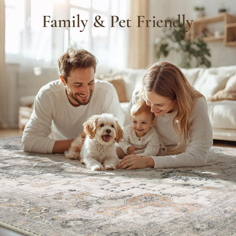 GENIMO easy-cleaning boho rug reduces pet hair and debris buildup.