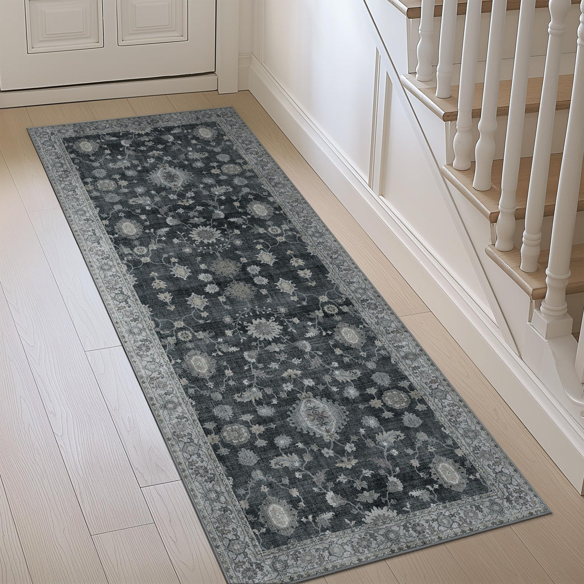 GENIMO Runner Rug 2x5 machine-washable in charcoal for easy cleaning.
