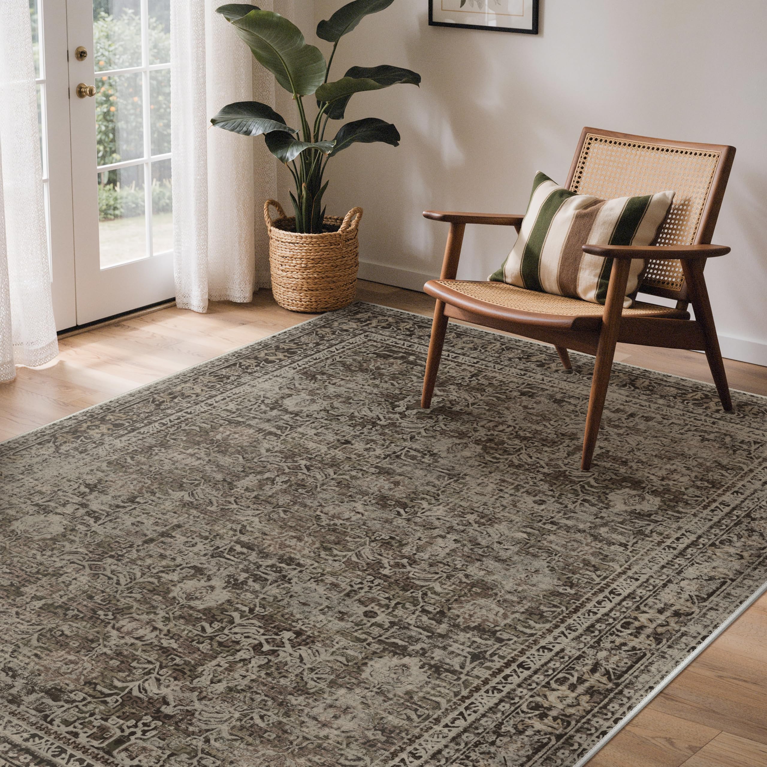 GENIMO ultra-thin low-pile rug placed under furniture for smooth door clearance.