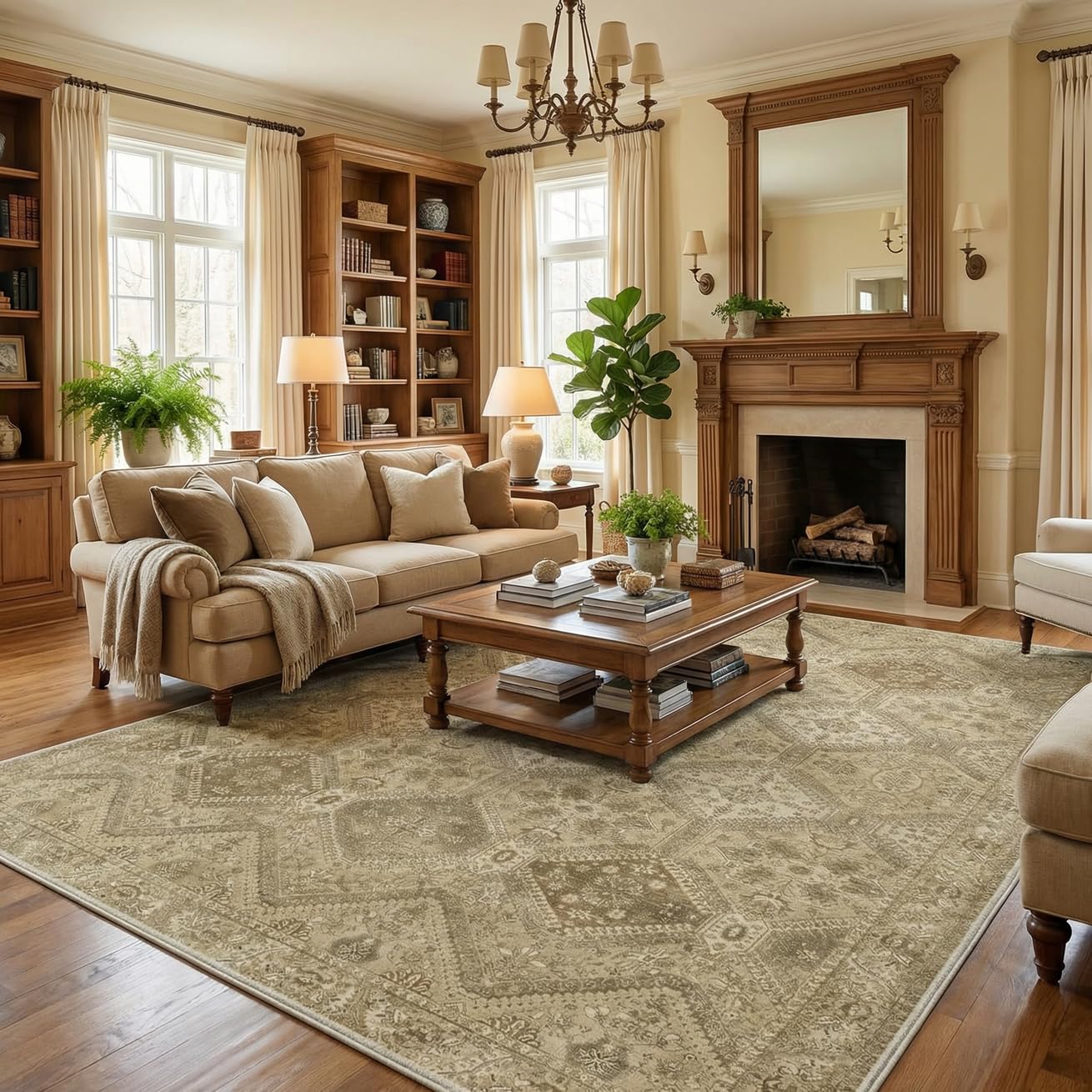 GENIMO vintage floral rug pattern enhances living room ambiance with timeless charm.