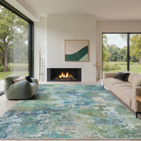 GENIMO washable rug with blue-green abstract pattern for easy daily cleaning.