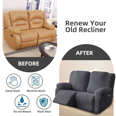 Genina dark gray recliner cover closeup highlighting durable fabric.